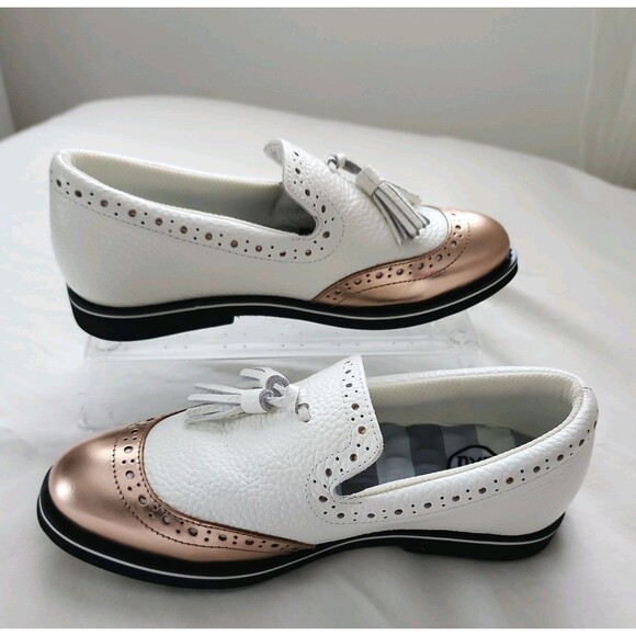 G/Fore GG Golf Shoes Girl's Sz 5.5 US, White Rose Gold Leather Cushioned Preppy - Picture 1 of 10